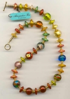 Multicolored Gold Foil Beads & Disc Necklace with  gold toggle
